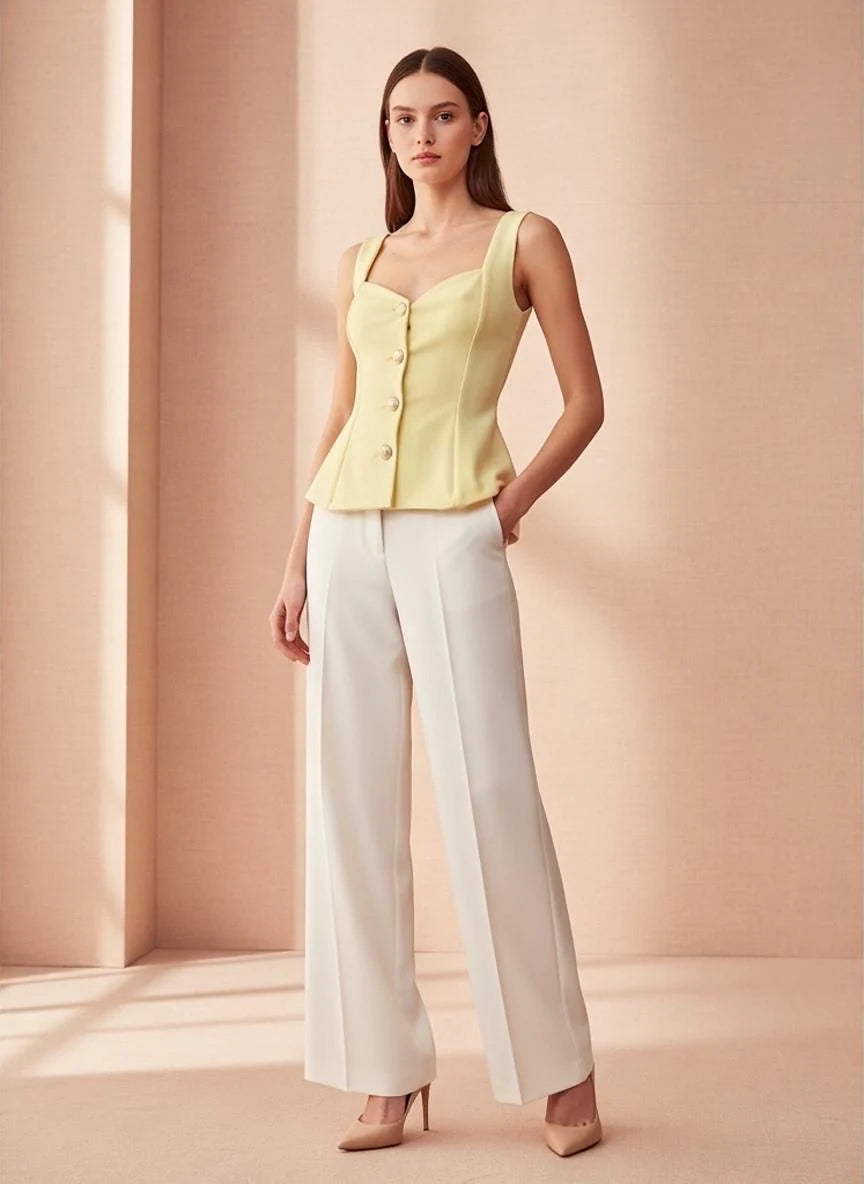 White Structured Peplum Button Top