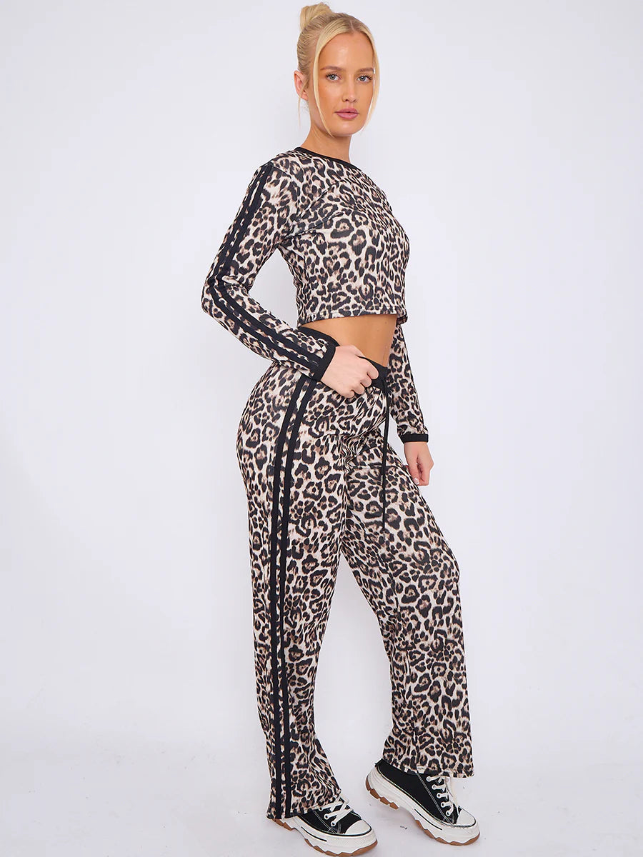 White Leopard Print Ribbed Crop Top & Trouser Co-Ord With Stripe Detail