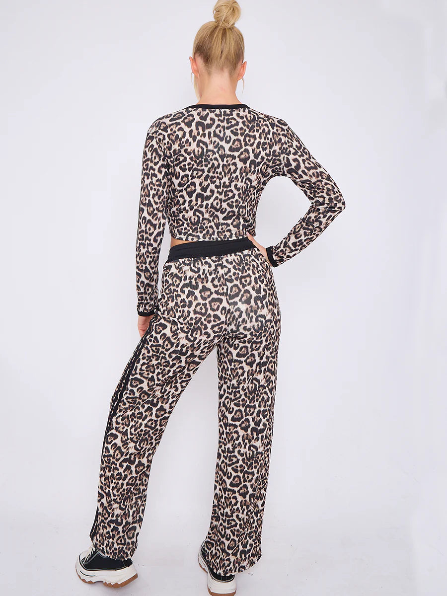 White Leopard Print Ribbed Crop Top & Trouser Co-Ord With Stripe Detail