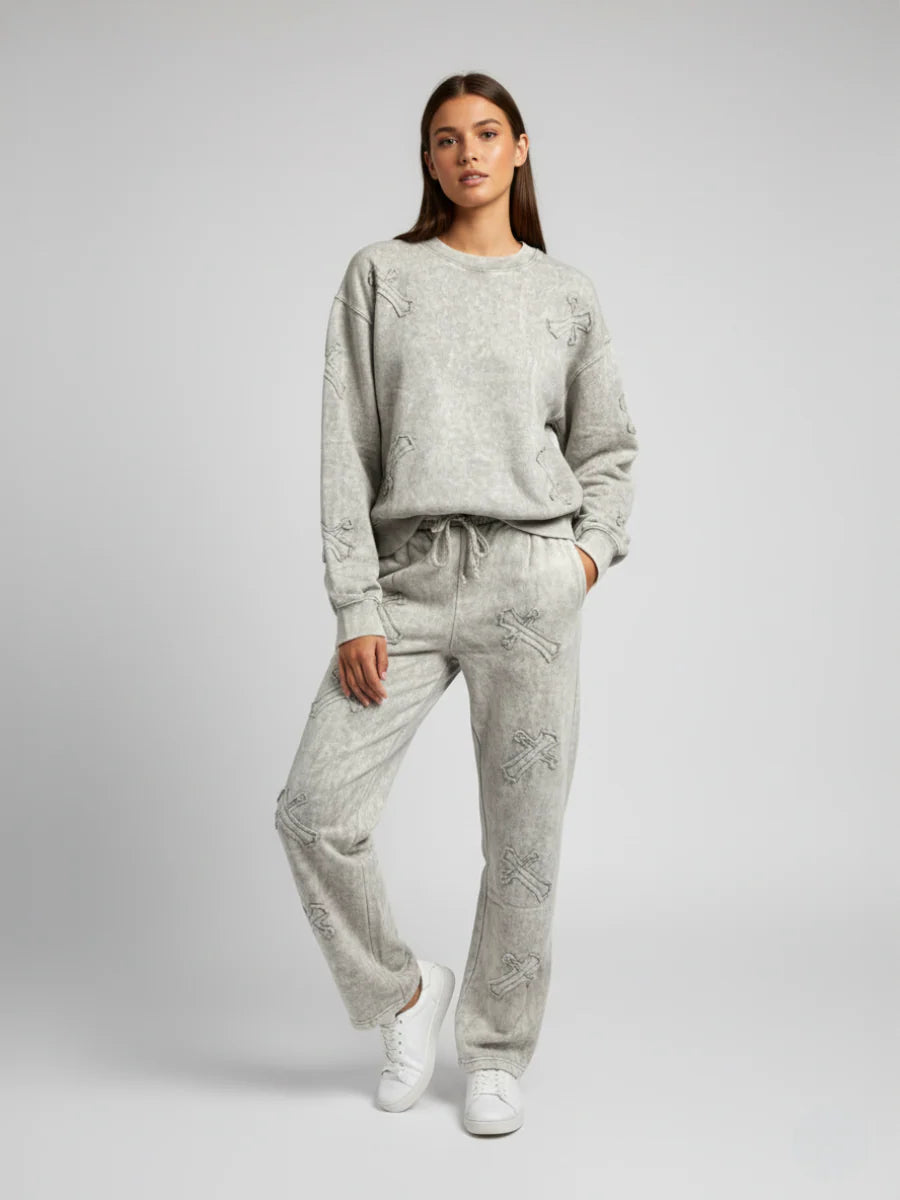 Charcoal Acid Wash Oversized Crucifix Embroidered Fleece Co-Ord