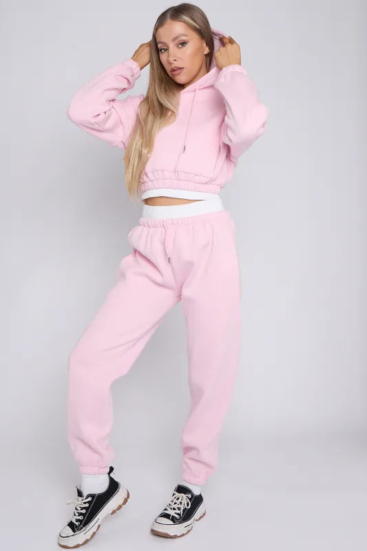 Light Grey Fleece Cropped Hoodie and Joggers Co-Ord With White Rib Trim Detail