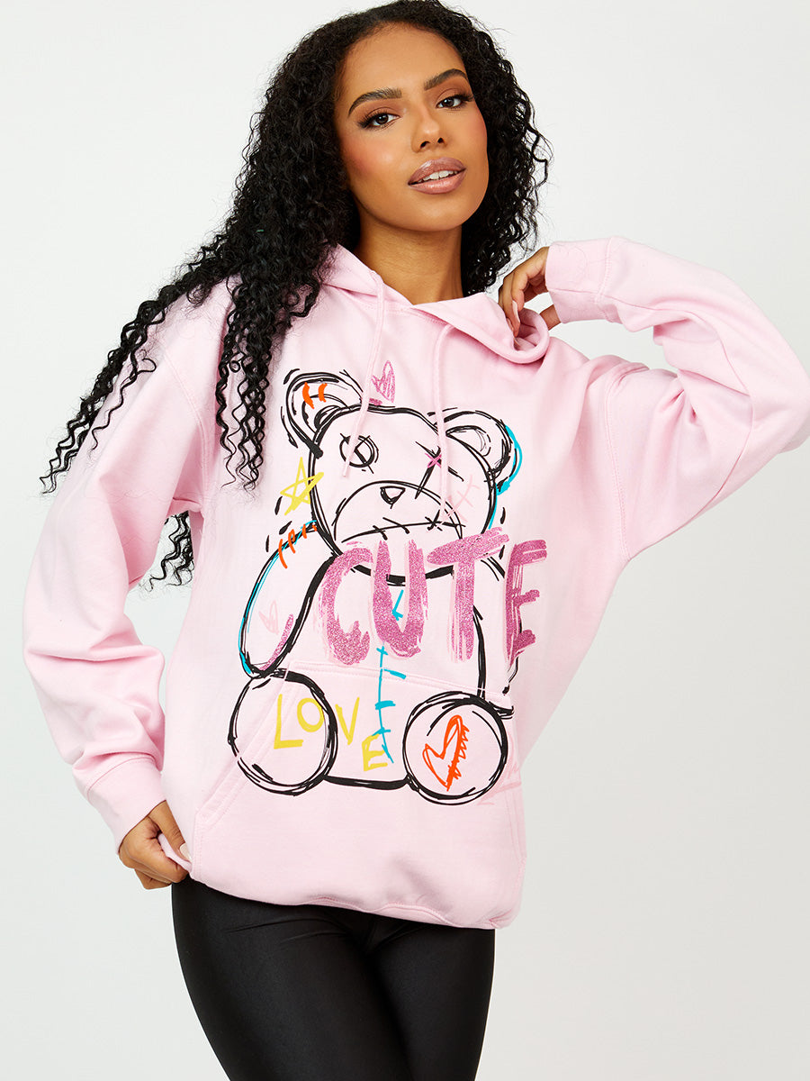 Black Cute Teddy Graphic Print Hoodie