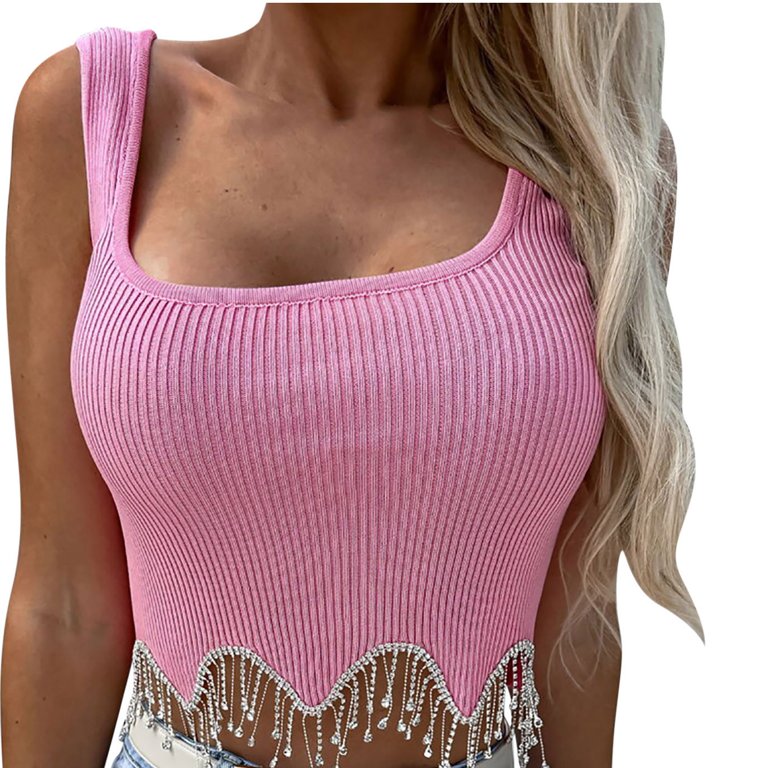 Baby Blue Rhinestone Tassel Trim Ribbed Crop Top