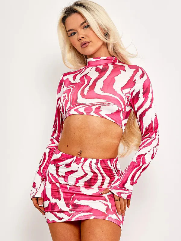 Blue Zebra Print Slinky Crop Top & Skirt Co-ord