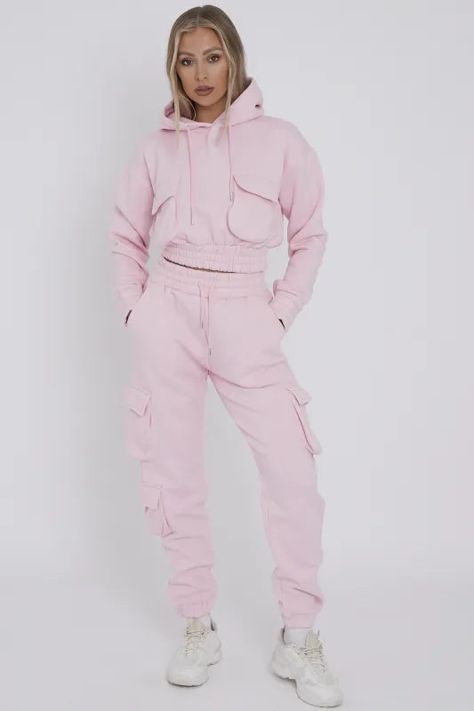 Pink Cargo Pockets Fleece Tracksuit