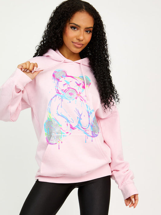 Pink Colour Drip Teddy Graphic Print Hoodie