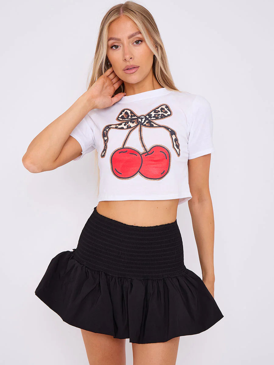 Red Shirred High Waist Puffball Mini Skirt