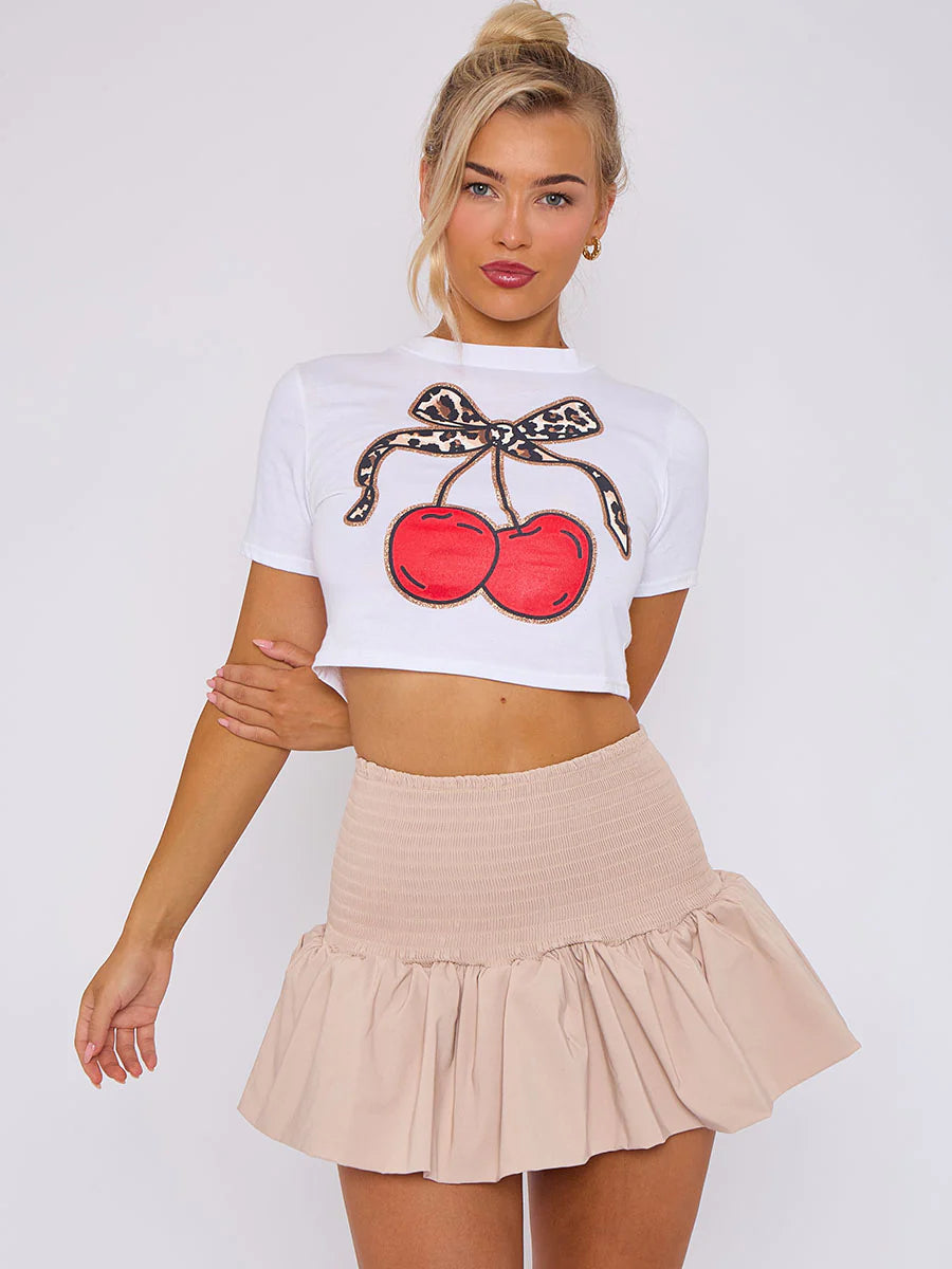 Red Shirred High Waist Puffball Mini Skirt