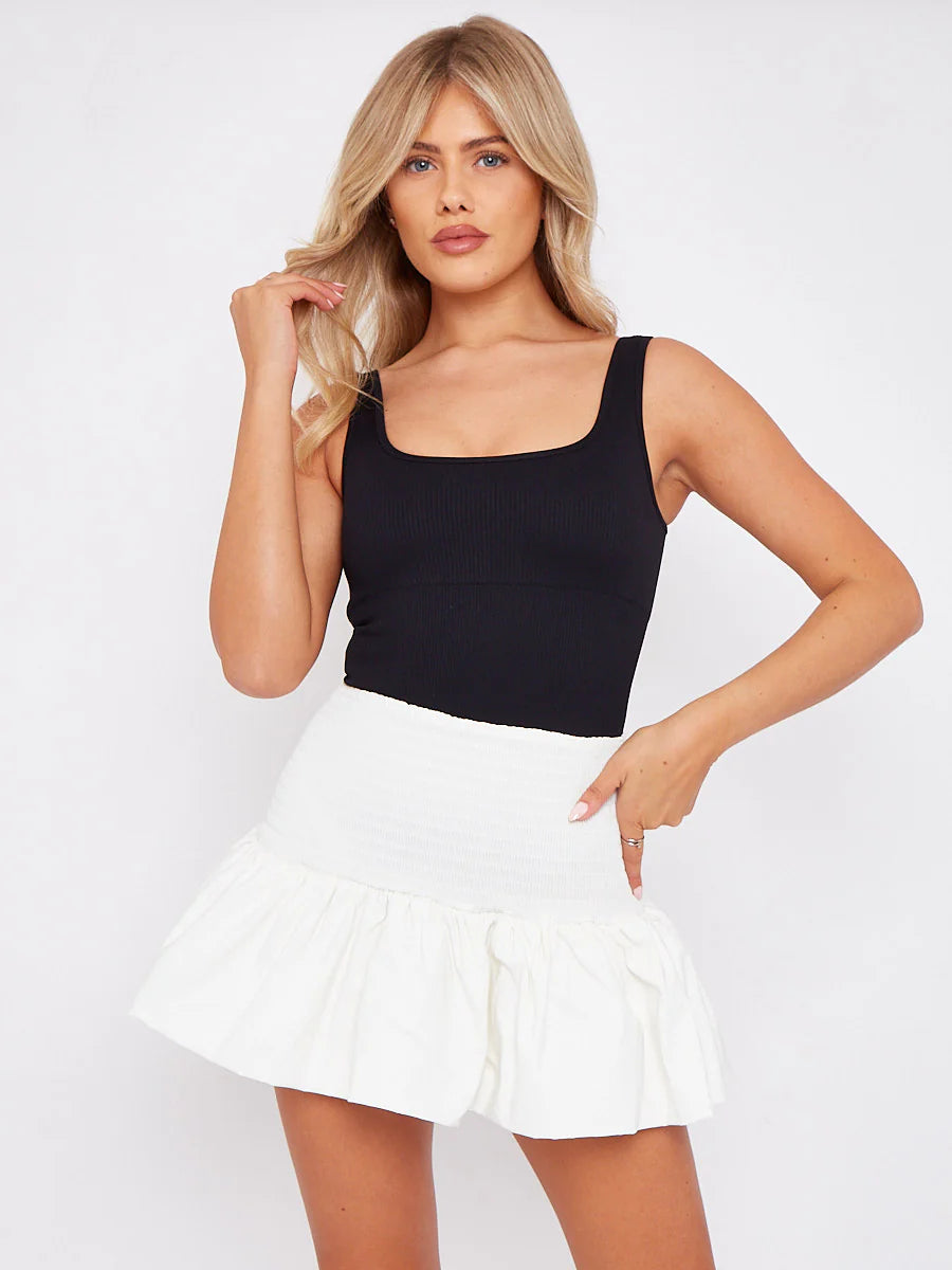 Red Shirred High Waist Puffball Mini Skirt