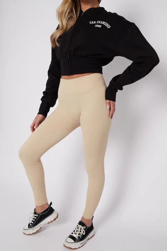 Mocha High Waist Stretchy Ribbed Leggings