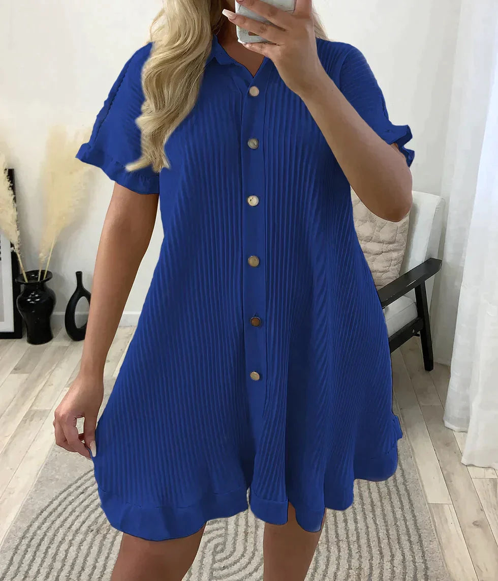 Royal Blue Gold Button Pleated Frill Swing Smock Mini Dress