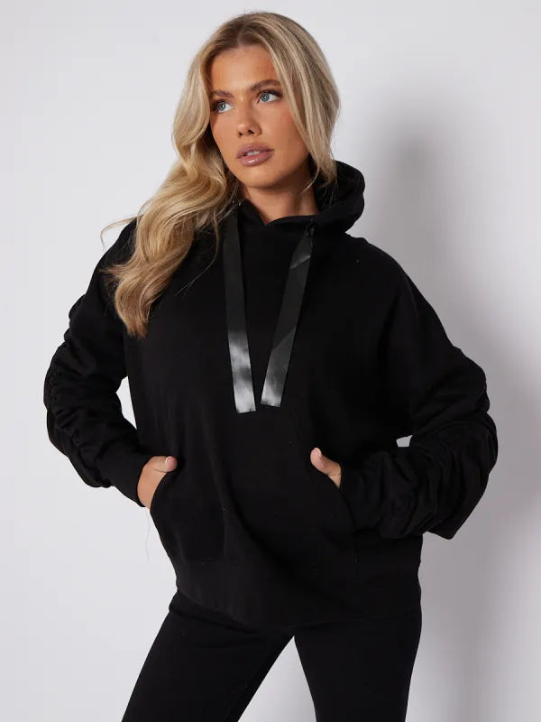 Grey Ribbon Drawstring Ruched Sleeves Fleeced Hoodie