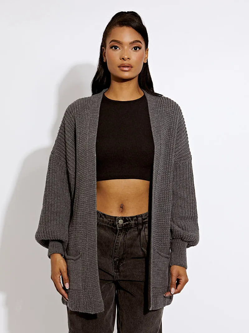 Stone Waist Length Balloon Sleeve Knitted Cardigan