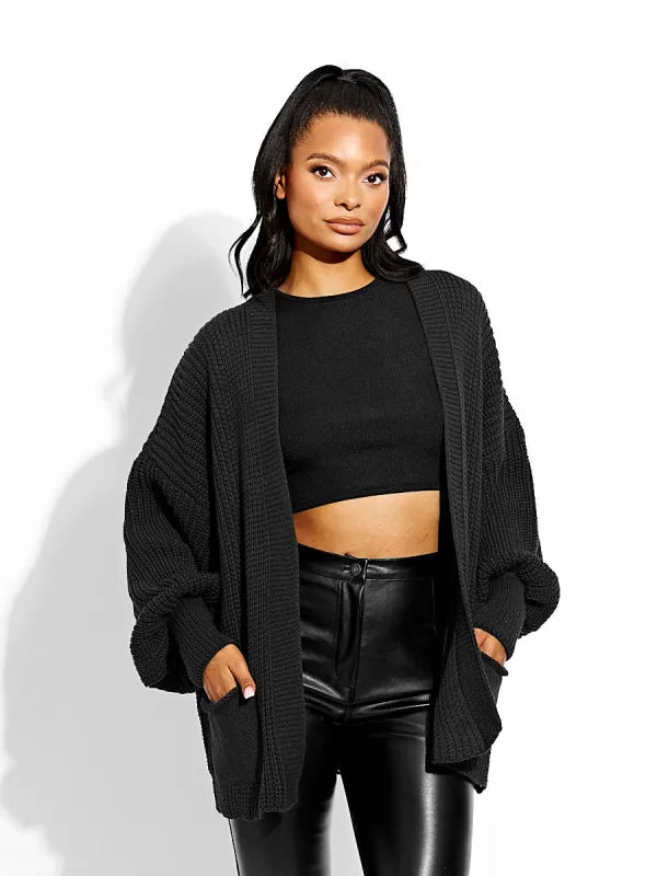 Black Waist Length Balloon Sleeve Knitted Cardigan