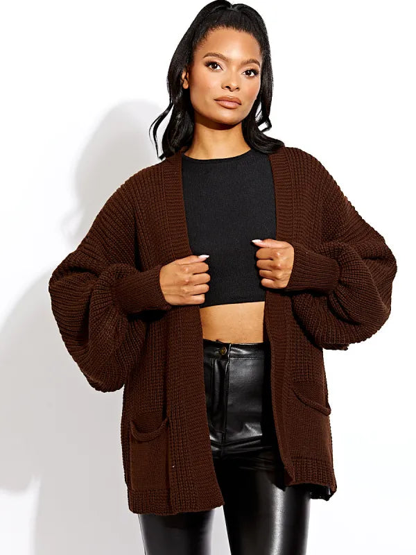 Chocolate Brown Waist Length Balloon Sleeve Knitted Cardigan