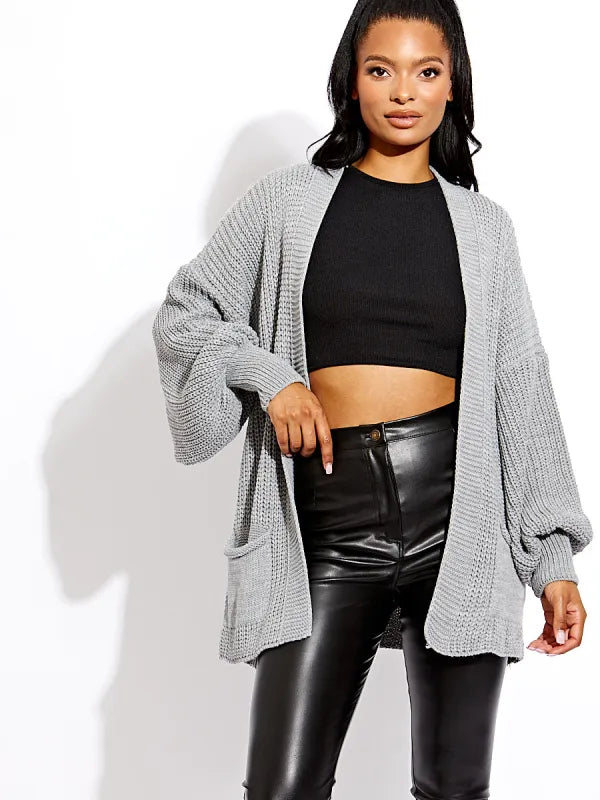 Charcoal Waist Length Balloon Sleeve Knitted Cardigan