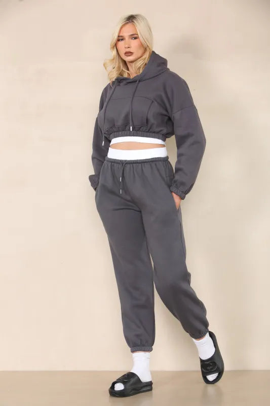 Light Grey Fleece Cropped Hoodie and Joggers Co-Ord With White Rib Trim Detail