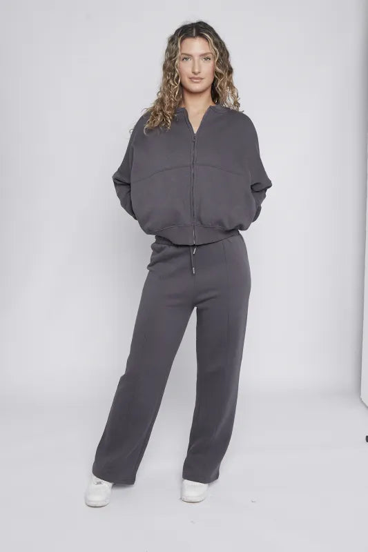 Slate Grey Oversized Bomber Style Fleece Zipper Co-ord