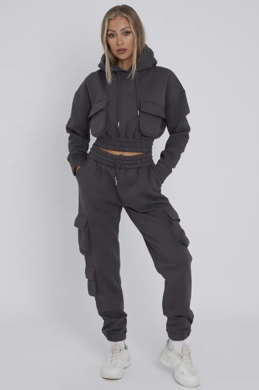 Slate Grey Cargo Pockets Fleece Tracksuit