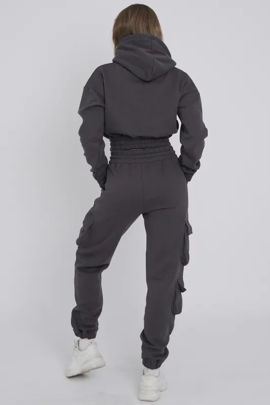 Slate Grey Cargo Pockets Fleece Tracksuit