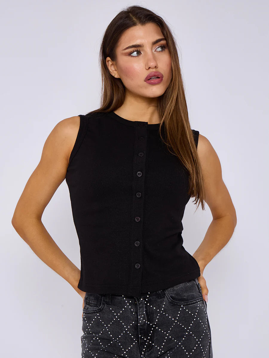 Grey Sleeveless Ribbed Button Up Vest