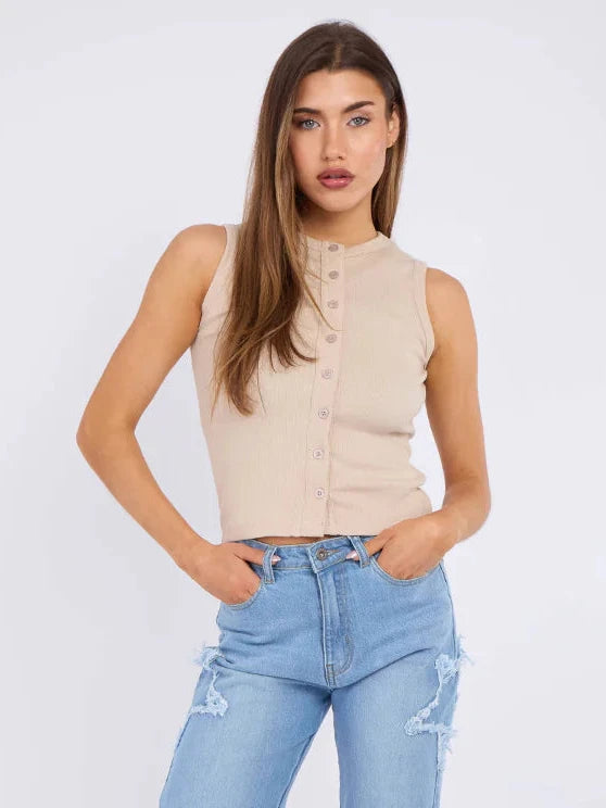 Grey Sleeveless Ribbed Button Up Vest