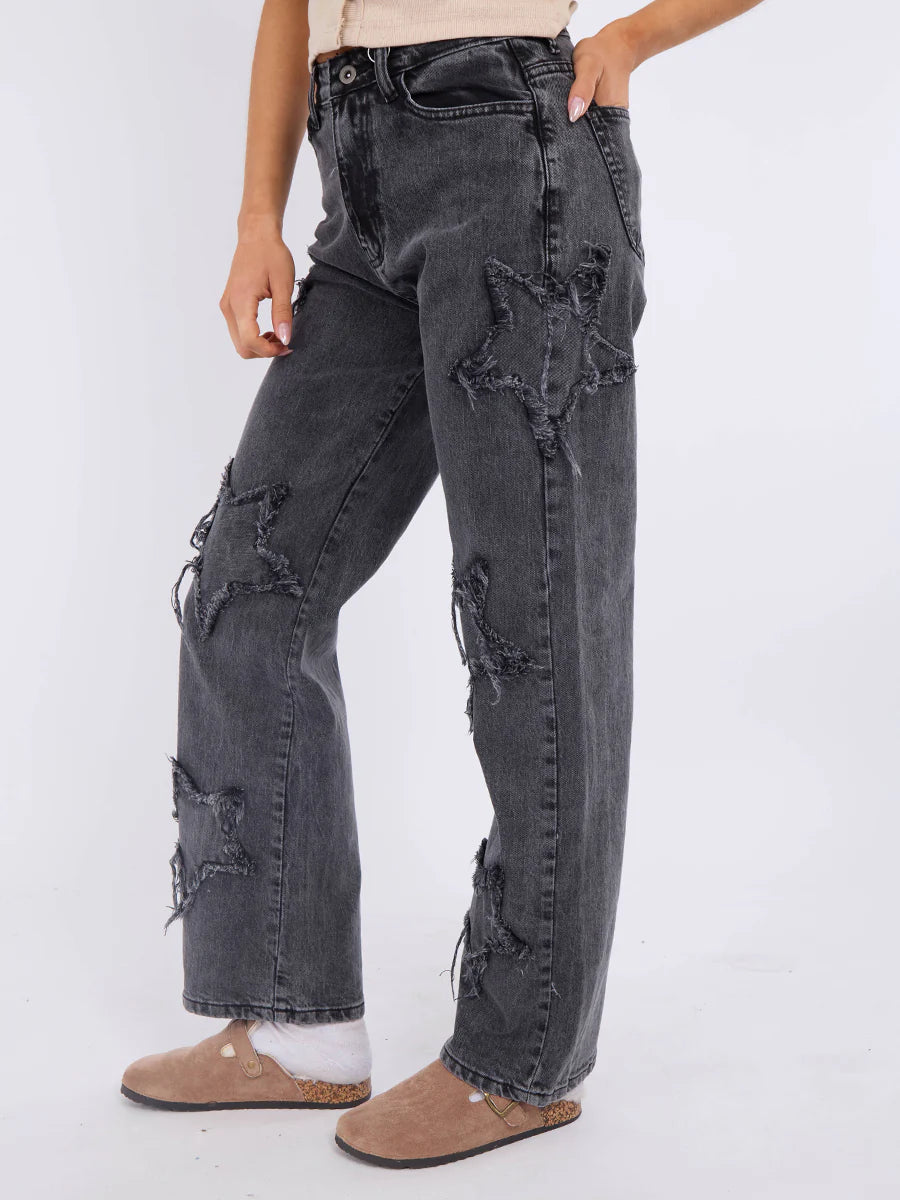 Black Embroidered Star Straight Leg Denim Jeans