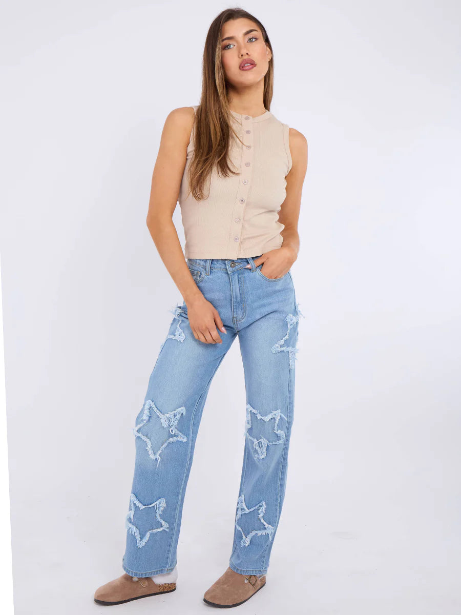 Black Embroidered Star Straight Leg Denim Jeans