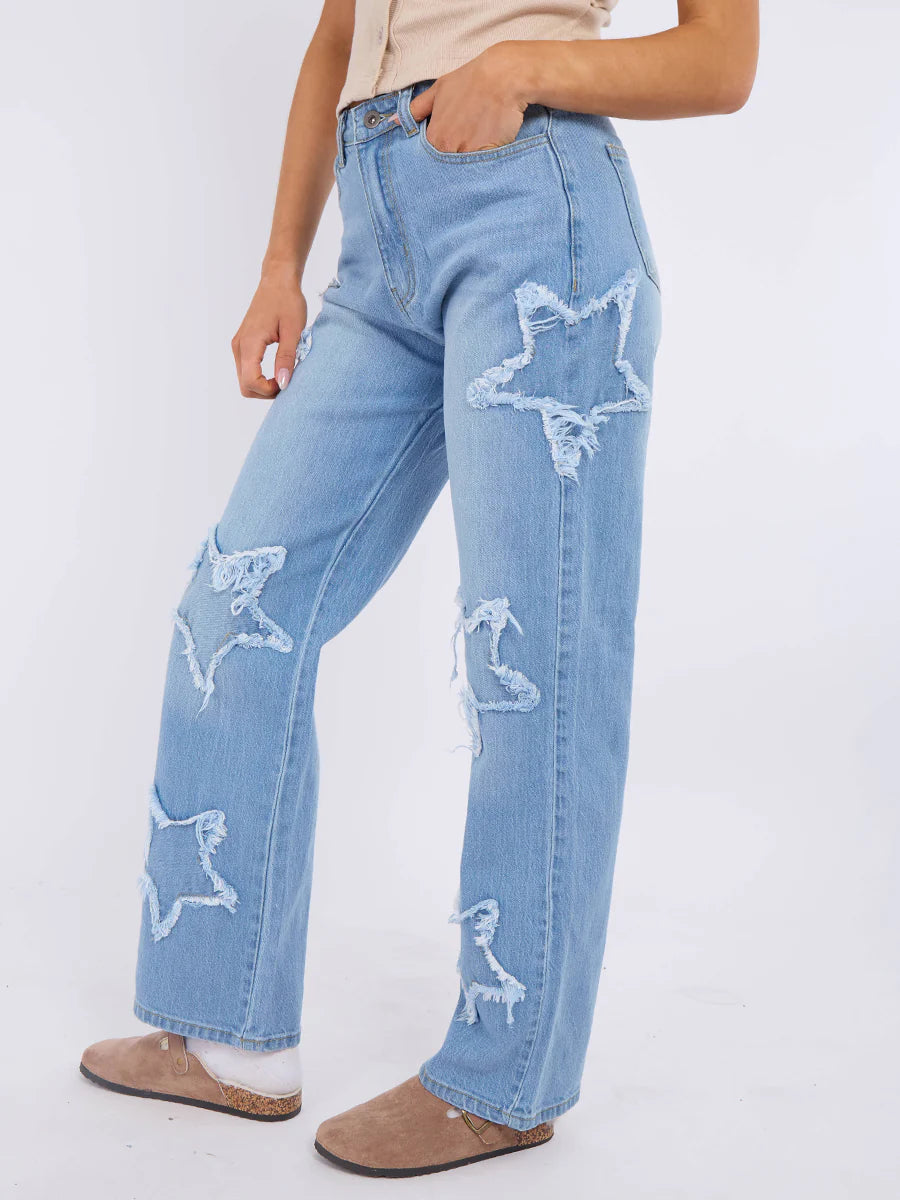 Black Embroidered Star Straight Leg Denim Jeans