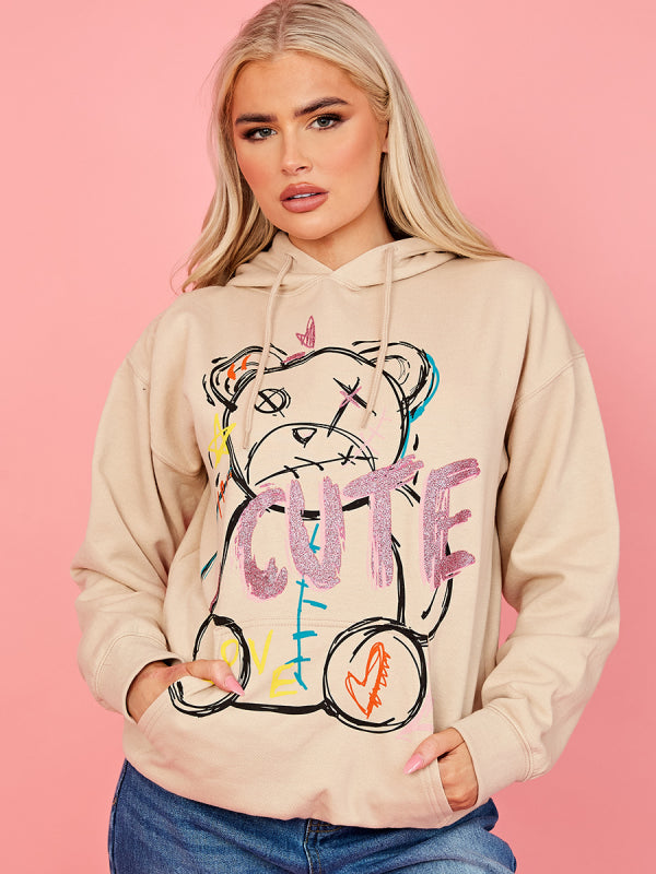 Pink Cute Teddy Graphic Print Hoodie