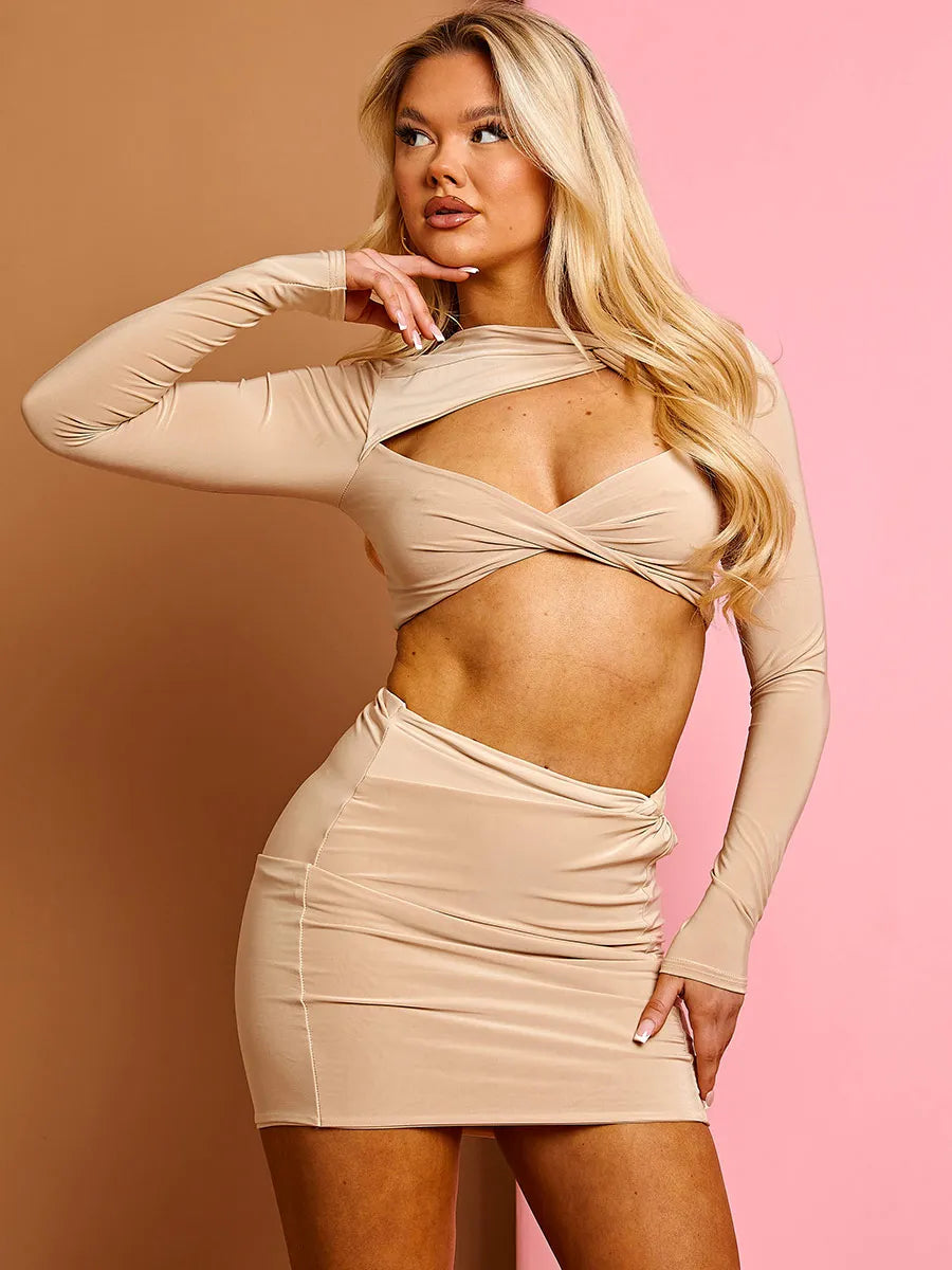 Stone Cut Out Twist Front Crop Top & Skirt Co-ord