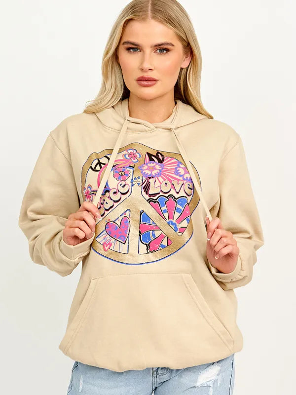 Beige Peace Love Graphic Print Hoodie