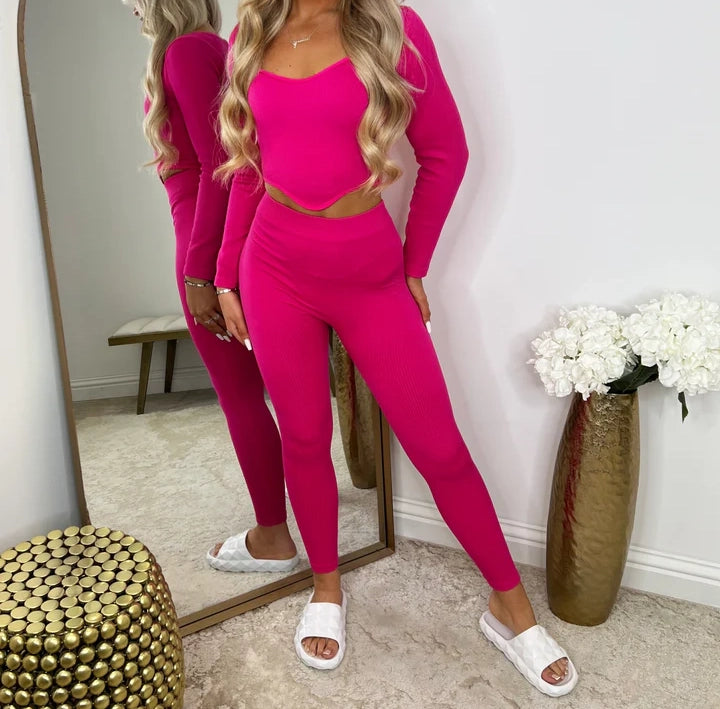 Fuchsia Ribbed Asymmetric Crop Top & Leggings Co-Ord