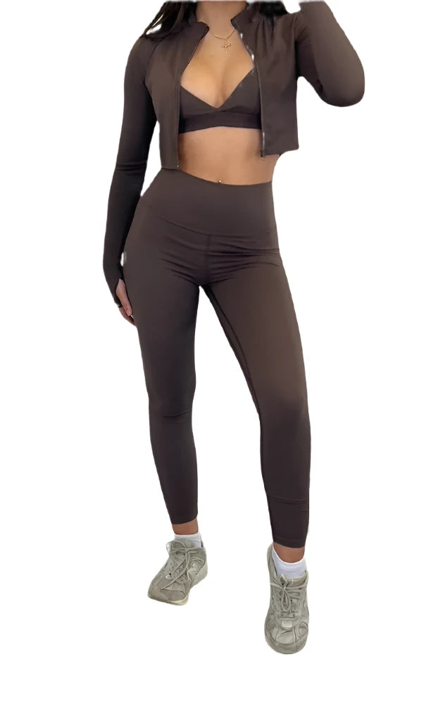 Brown Sculpt Gym Jacket, Bralette and Leggings Co-Ord