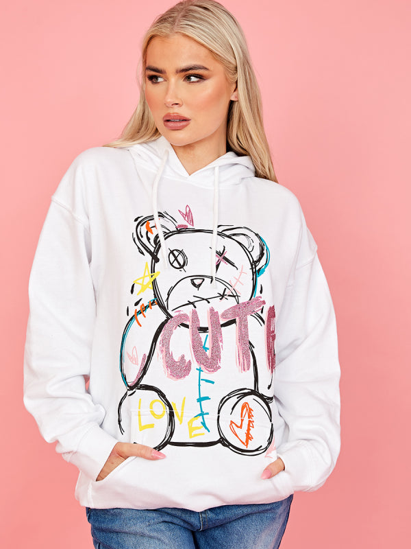 Black Cute Teddy Graphic Print Hoodie