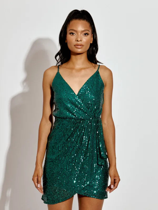 Green wrap sequin dress hotsell