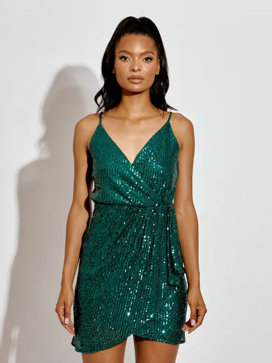 Green Wrap Front Sequinned Cami Dress