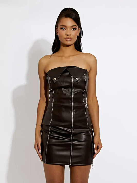 Faux Leather Strapless Zipper Dress