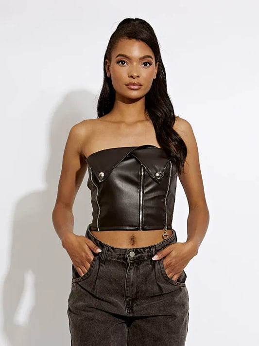 Faux Leather Bandeau Crop Top With Zip Detail