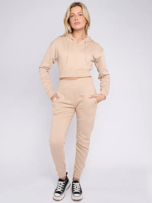 Beige Zip Up Cropped Hoodie & Jogger Fleece Tracksuit