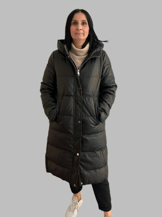 Faux Leather Black Maxi Puffer Jacket With Zip Detail