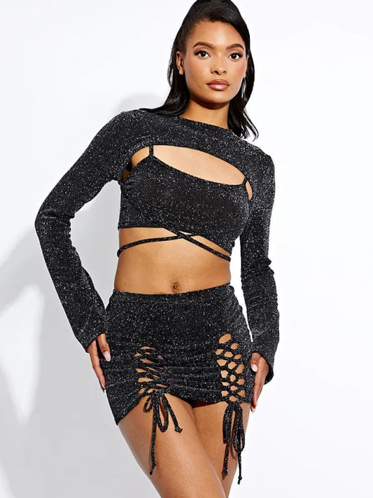 Black Glitter 3 Piece Lace Up Skirt Co-ord