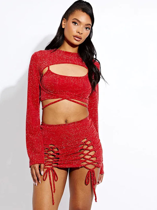 Red Glitter 3 Piece Lace Up Skirt Co-ord