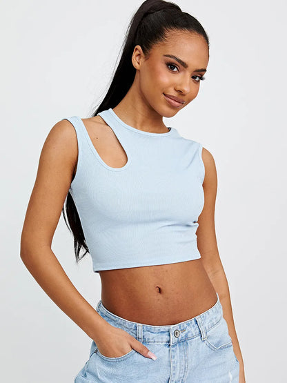White Ribbed Cut Out Shoulder Crop Top