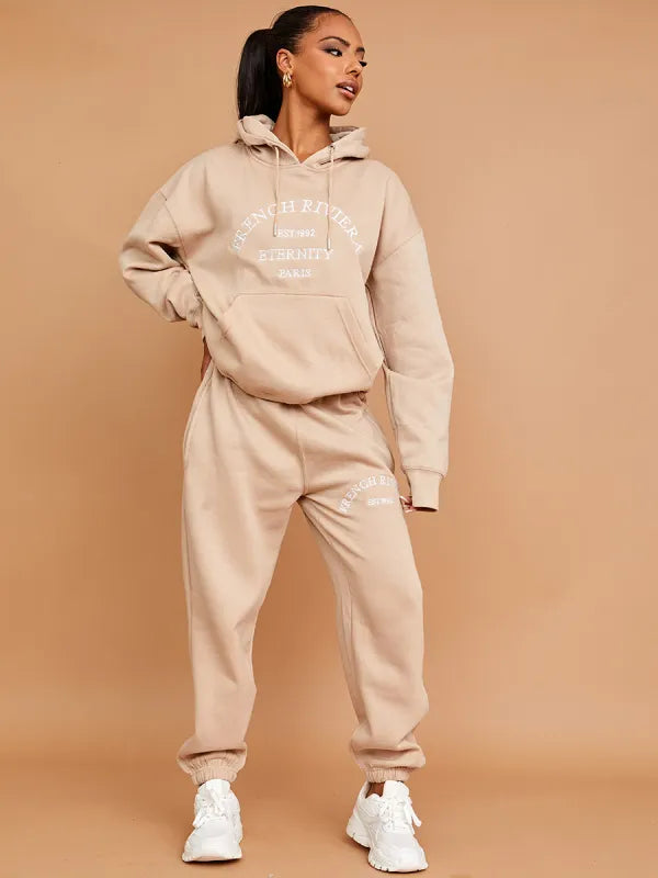 Baby Pink Embroidered French Riviera Hooded Fleece Co-ord