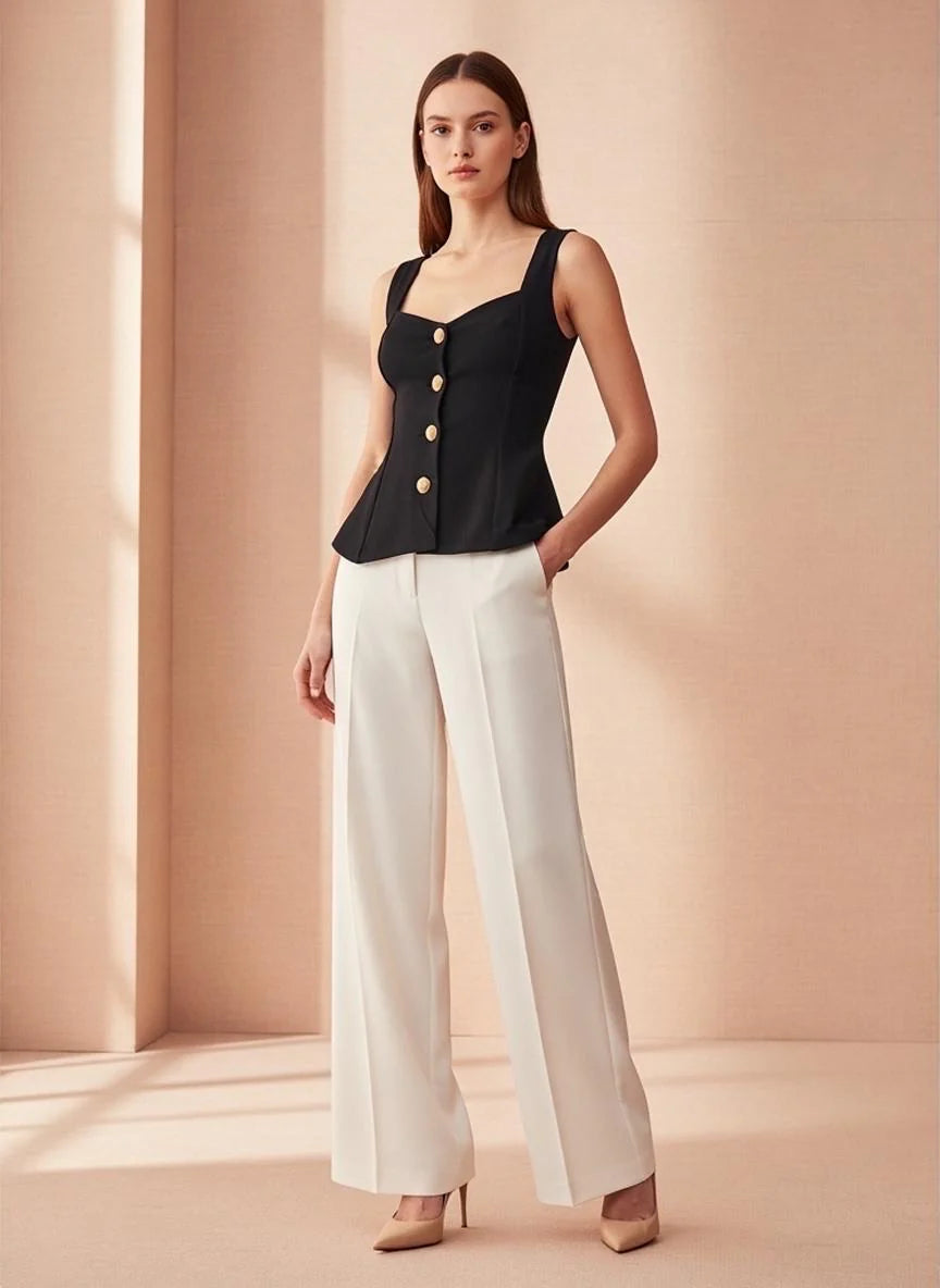 White Structured Peplum Button Top