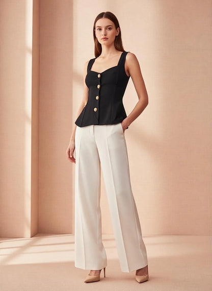 White Structured Peplum Button Top