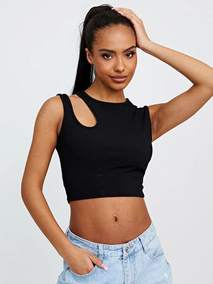 White Ribbed Cut Out Shoulder Crop Top