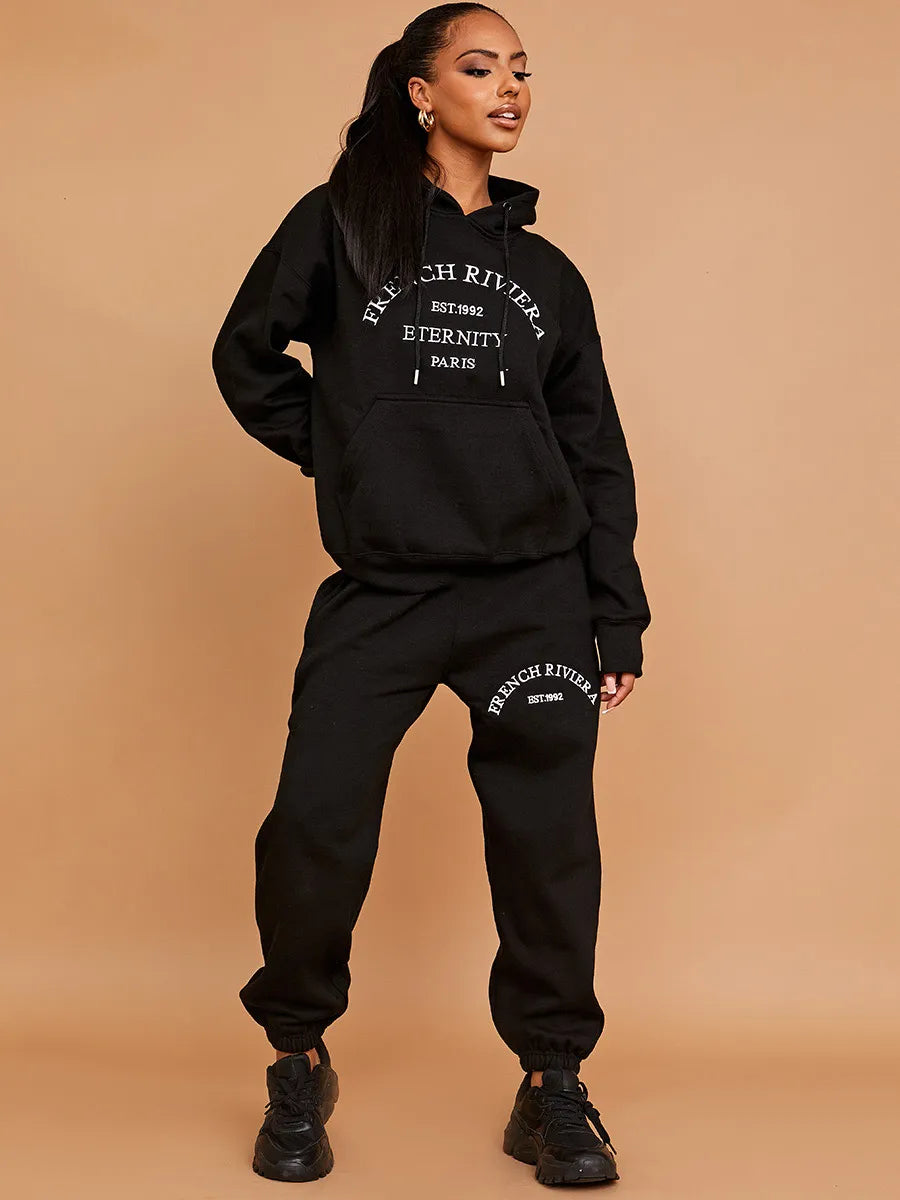 Black Embroidered French Riviera Hooded Fleece Co-ord