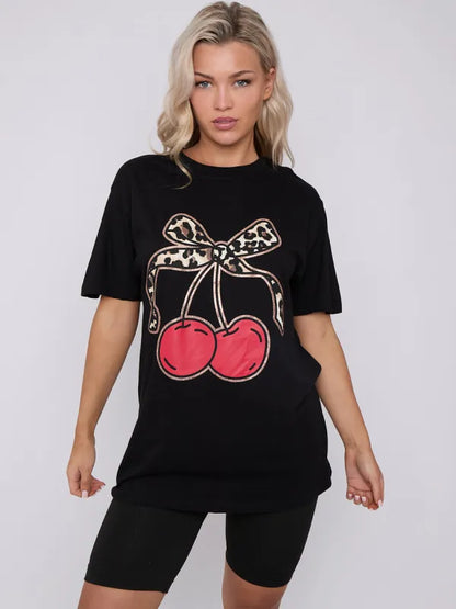 White Bow Cherry Graphic Printed T-Shirt